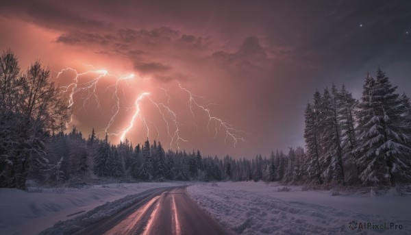 outdoors,sky,cloud,tree,no humans,cloudy sky,nature,scenery,snow,forest,sunset,mountain,electricity,road,winter,bare tree,lightning,landscape,path,red sky,pine tree,night,star (sky),night sky,starry sky