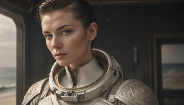 1girl,solo,looking at viewer,short hair,brown hair,black hair,brown eyes,closed mouth,upper body,indoors,armor,blurry,black eyes,lips,blurry background,shoulder armor,portrait,freckles,science fiction,breastplate,realistic,nose,spacesuit,smile,grey eyes,helmet,space,very short hair,helmet removed,pilot,astronaut