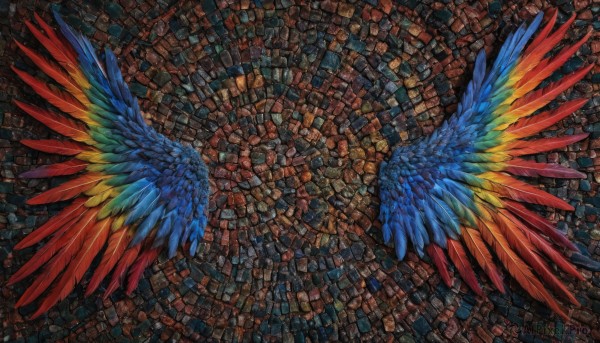 solo,wings,no humans,from above,traditional media,scenery,feathered wings,blue wings,colorful,multiple wings,spread wings,acrylic paint (medium),lying,feathers,tiles,red wings,too many,multicolored wings,rainbow order,stone floor