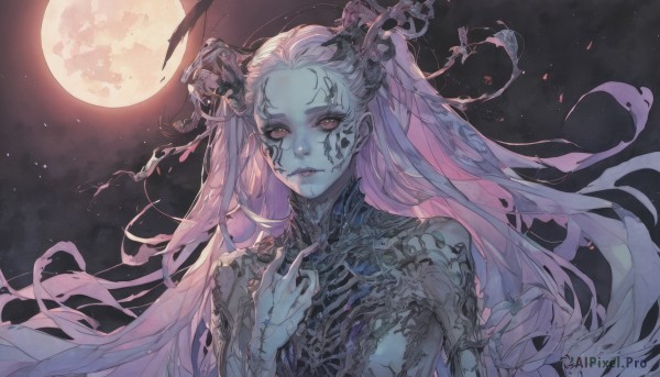 1girl,solo,long hair,breasts,looking at viewer,red eyes,very long hair,closed mouth,upper body,pink hair,white hair,outdoors,parted lips,horns,sky,hand up,pink eyes,lips,fingernails,night,floating hair,colored skin,facial mark,moon,star (sky),night sky,full moon,long fingernails,sharp fingernails,scales,grey skin,multiple horns,cracked skin,hair ornament,jewelry,two side up,eyelashes,makeup,fangs,hand on own chest,starry sky,skeleton,bone,red moon