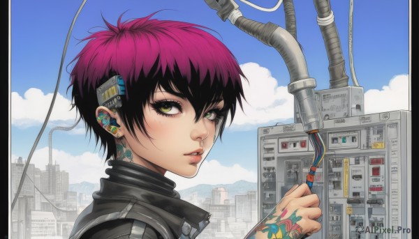 1girl,solo,looking at viewer,short hair,jewelry,green eyes,pink hair,purple hair,earrings,parted lips,sky,day,cloud,nail polish,lips,eyelashes,tattoo,makeup,piercing,building,ear piercing,portrait,science fiction,city,cable,cyborg,cyberpunk,bangs,black hair,hair between eyes,jacket,yellow eyes,multicolored hair,outdoors,from side,two-tone hair,blue sky,gradient hair,androgynous,eyeshadow,nose,eyeliner,mascara,pillarboxed,nose piercing,eyebrow piercing