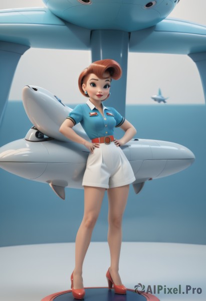 1girl,solo,breasts,looking at viewer,smile,short hair,blue eyes,skirt,brown hair,shirt,jewelry,standing,full body,earrings,shoes,shorts,belt,uniform,high heels,lips,see-through,military,makeup,white skirt,blue shirt,lipstick,red footwear,hands on hips,aircraft,red lips,airplane,pompadour,jet,fighter jet,open mouth,bangs,short sleeves,parted lips,teeth,collared shirt,black eyes,buttons,shadow,freckles,nose,shirt tucked in,red belt,thick lips