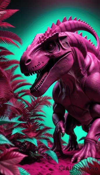 solo,open mouth,tail,teeth,tongue,blurry,tree,no humans,leaf,plant,sharp teeth,claws,green background,monster,palm tree,aqua background,alien,dinosaur,palm leaf,standing,pink eyes,scales,pink skin