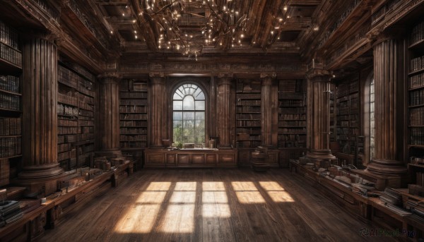 day,indoors,tree,book,no humans,window,chair,table,sunlight,plant,curtains,scenery,desk,light rays,wooden floor,stairs,bookshelf,lamp,candle,shelf,book stack,library,ceiling,ladder,candlestand,chandelier,globe,potted plant,pillar