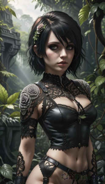 1girl,solo,breasts,looking at viewer,short hair,bangs,black hair,hair ornament,gloves,navel,cleavage,hair between eyes,jewelry,medium breasts,underwear,green eyes,upper body,flower,short sleeves,cowboy shot,earrings,outdoors,parted lips,choker,day,black gloves,midriff,belt,artist name,hair flower,stomach,mole,blurry,tree,lips,clothing cutout,tattoo,makeup,blurry background,bottomless,rose,leaf,floral print,sunlight,lingerie,plant,lipstick,lace trim,lace,eyeshadow,freckles,garter belt,realistic,nose,arms at sides,red lips,eyeliner,vines,dappled sunlight,bustier,mascara,groin,armband,corset