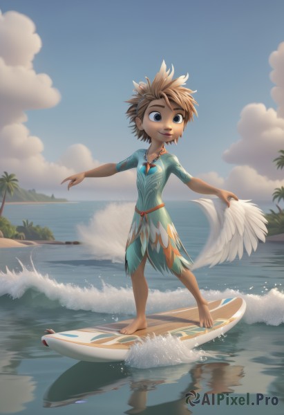 1girl,solo,smile,short hair,open mouth,blue eyes,brown hair,1boy,dress,jewelry,standing,full body,short sleeves,male focus,outdoors,sky,barefoot,day,artist name,cloud,dark skin,water,necklace,tree,blue sky,ocean,watermark,beach,cloudy sky,outstretched arms,feathers,spiked hair,child,reflection,palm tree,waves,surfboard,standing on liquid,blonde hair,wings,sand