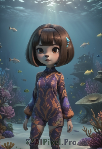 1girl,solo,breasts,looking at viewer,short hair,bangs,brown hair,hair ornament,thighhighs,long sleeves,brown eyes,closed mouth,standing,small breasts,hairclip,blunt bangs,water,lips,bodysuit,feet out of frame,ocean,animal,floral print,sunlight,bob cut,child,fish,light rays,underwater,arms at sides,air bubble,sunbeam,turtle,coral,aquarium,seaweed,clownfish,blush