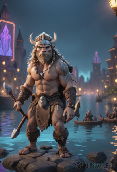 solo,long hair,looking at viewer,blue eyes,1boy,navel,holding,jewelry,nipples,standing,full body,weapon,white hair,male focus,thighs,outdoors,horns,pointy ears,water,necklace,stomach,holding weapon,blurry,tattoo,muscular,night,blurry background,glowing,facial hair,scar,thick thighs,abs,sandals,thick eyebrows,pectorals,muscular male,bara,glowing eyes,pelvic curtain,beard,large pectorals,bulge,topless male,mature male,fake horns,furry male,arm tattoo,axe,watercraft,bare pectorals,shoulder tattoo,chest hair,loincloth,biceps,navel hair,bodypaint,boat,holding axe,horned helmet,tooth necklace,animal ears,braid,solo focus,sword,helmet,furry,minotaur