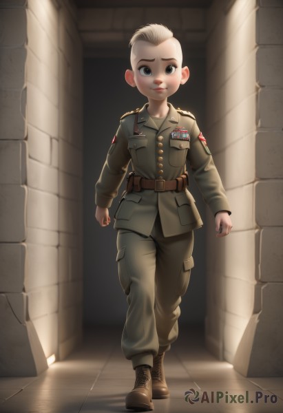 solo,looking at viewer,short hair,blue eyes,blonde hair,long sleeves,1boy,closed mouth,standing,jacket,full body,male focus,boots,belt,pants,indoors,uniform,black eyes,military,military uniform,brown footwear,child,walking,pocket,green jacket,breast pocket,male child,very short hair,badge,green pants,medal,soldier,combat boots,smile,lips,sunlight,pouch,pillar,insignia,stone wall