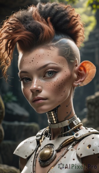 1girl,solo,breasts,looking at viewer,short hair,blue eyes,brown hair,jewelry,closed mouth,upper body,multicolored hair,earrings,small breasts,dark skin,hair bun,blurry,dark-skinned female,lips,grey eyes,double bun,bodysuit,blurry background,bird,piercing,portrait,freckles,science fiction,realistic,nose,cyborg,orange hair,eyelashes,close-up,curly hair,asymmetrical hair,android,undercut