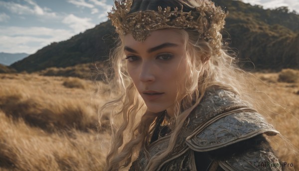 1girl,solo,long hair,looking at viewer,blue eyes,blonde hair,upper body,outdoors,parted lips,sky,day,cloud,armor,blurry,lips,grey eyes,depth of field,blurry background,wavy hair,crown,shoulder armor,portrait,freckles,pauldrons,mountain,realistic,blue sky,thick eyebrows,cloudy sky,veil