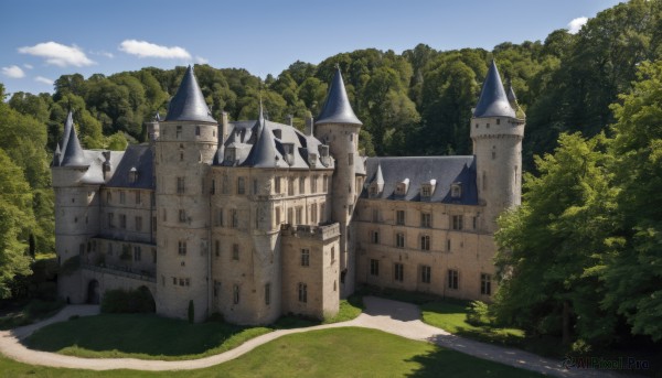 outdoors,sky,day,cloud,tree,blue sky,no humans,shadow,grass,building,nature,scenery,forest,road,bush,house,castle,tower,path,cloudy sky,fantasy,landscape