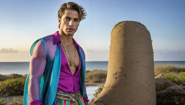 HQ,solo,looking at viewer,short hair,brown hair,shirt,long sleeves,1boy,brown eyes,jewelry,closed mouth,upper body,male focus,earrings,outdoors,open clothes,sky,day,collared shirt,belt,water,necklace,blurry,vest,lips,open shirt,facial hair,ocean,cross,pectorals,rock,realistic,purple shirt,scenery