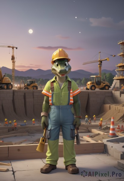 open mouth,shirt,gloves,1boy,hat,standing,male focus,outdoors,multiple boys,sky,cloud,night,moon,suspenders,helmet,ground vehicle,star (sky),motor vehicle,furry,6+boys,green shirt,car,overalls,truck,hardhat,1girl,looking at viewer,long sleeves,holding,full body,short sleeves,shoes,teeth,solo focus,black gloves,collared shirt,pants,colored skin,brown footwear,red shirt,full moon,pocket,blue pants,layered sleeves,green skin,orange shirt,short over long sleeves,lamppost,green pants,radio antenna,crane (machine),blue overalls,traffic cone