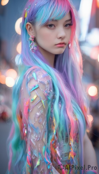 1girl,solo,long hair,looking at viewer,bangs,hair ornament,brown eyes,jewelry,closed mouth,blue hair,upper body,pink hair,multicolored hair,earrings,artist name,blurry,black eyes,from side,two-tone hair,lips,eyelashes,aqua hair,gradient hair,makeup,depth of field,blurry background,watermark,expressionless,gem,web address,freckles,realistic,nose,bokeh,pink lips