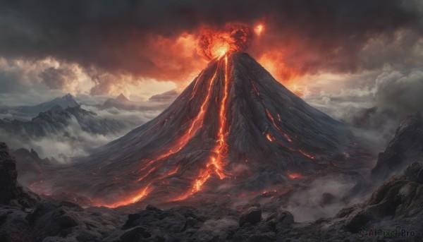 outdoors, sky, cloud, no humans, cloudy sky, fire, scenery, mountain, molten rock