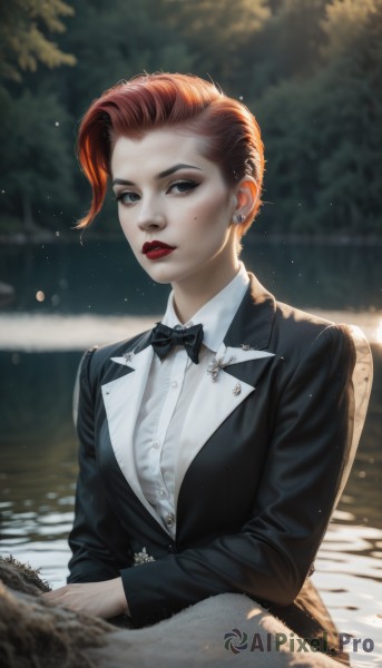 1girl,solo,looking at viewer,short hair,brown hair,shirt,long sleeves,bow,jewelry,sitting,jacket,white shirt,upper body,red hair,earrings,outdoors,parted lips,collared shirt,artist name,bowtie,mole,blurry,black eyes,tree,lips,black jacket,mole under eye,dress shirt,black bow,makeup,buttons,depth of field,blurry background,piercing,formal,suit,lipstick,ear piercing,freckles,black bowtie,realistic,red lips,stud earrings,traditional bowtie,suit jacket,tuxedo,water,instrument,mole on cheek