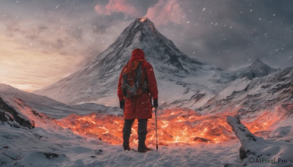 solo, gloves, 1boy, holding, standing, weapon, male focus, boots, outdoors, sky, pants, cloud, hood, from behind, cloudy sky, fire, scenery, snow, 1other, mountain, ambiguous gender, molten rock