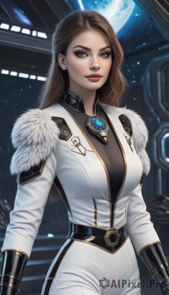 1girl,solo,long hair,breasts,looking at viewer,large breasts,brown hair,gloves,brown eyes,jewelry,medium breasts,jacket,earrings,black gloves,belt,pants,lips,grey eyes,fur trim,bodysuit,makeup,white jacket,lipstick,brooch,gauntlets,eyeshadow,science fiction,realistic,white pants,nose,red lips,hair behind ear,space,planet,earth (planet),smile,long sleeves,closed mouth,standing,cowboy shot,artist name,uniform,military,military uniform,gem,star (sky),forehead