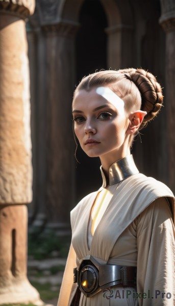 1girl,solo,looking at viewer,short hair,brown hair,dress,closed mouth,upper body,belt,hair bun,white dress,blurry,black eyes,lips,grey eyes,blurry background,single hair bun,forehead,realistic,nose,pillar,column,blue eyes,parted lips,pointy ears,piercing,sunlight,science fiction