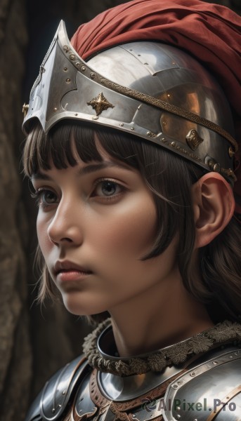 1girl,solo,short hair,bangs,brown hair,black hair,brown eyes,closed mouth,armor,blurry,black eyes,lips,eyelashes,blurry background,looking away,helmet,shoulder armor,portrait,pauldrons,breastplate,realistic,nose,looking afar,knight,gorget,chainmail,plate armor,visor (armor),plume,close-up