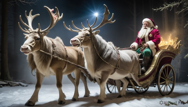 HQ,solo,gloves,1boy,hat,sitting,white hair,male focus,boots,outdoors,pants,tree,coat,fur trim,night,facial hair,animal,fire,nature,christmas,beard,snow,santa hat,forest,santa costume,leash,mustache,riding,antlers,old,merry christmas,old man,bare tree,reindeer antlers,deer,reindeer,reins,collar,chain,realistic,sack