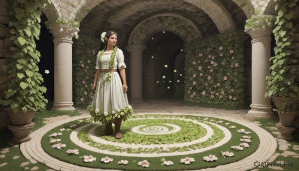 1girl,solo,long hair,brown hair,black hair,hair ornament,dress,standing,flower,short sleeves,boots,hair bun,white dress,leaf,brown footwear,grass,plant,scenery,fantasy,arms at sides,pillar,arch,overgrown,garden,column,brown eyes,braid,barefoot,puffy sleeves,indoors,hair flower,puffy short sleeves,sash,petals,single hair bun,white flower,hair over shoulder,green dress,potted plant,vines,wide shot