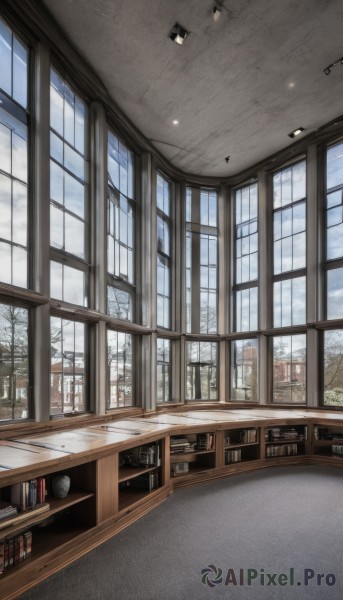 outdoors,sky,day,cloud,indoors,tree,blue sky,book,no humans,window,shadow,chair,table,sunlight,cloudy sky,building,scenery,bookshelf,bare tree,library,school,ceiling,hallway,ceiling light,plant,snow,desk,city,clock,lamp,cityscape,shelf,blinds,office