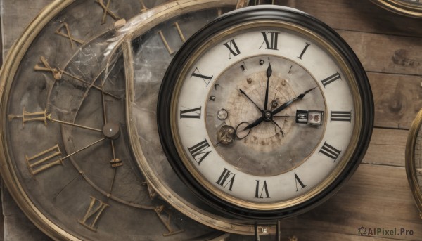 glasses,no humans,from above,scenery,watch,wooden floor,clock,scissors,gears,pocket watch,still life,roman numeral,glass,broken glass,analog clock