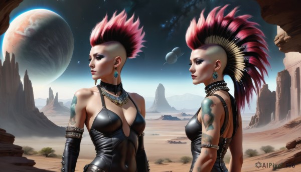 long hair,breasts,short hair,multiple girls,hair ornament,gloves,navel,2girls,cleavage,bare shoulders,jewelry,medium breasts,closed mouth,upper body,pink hair,red hair,multicolored hair,earrings,outdoors,sky,choker,elbow gloves,necklace,lips,tattoo,makeup,night,siblings,piercing,moon,lipstick,spiked hair,sisters,star (sky),skin tight,armlet,dual persona,eyeshadow,twins,rock,nose,red lips,arm tattoo,big hair,planet,hair pulled back,mohawk,desert,symmetry,collar,realistic,bald,earth (planet)