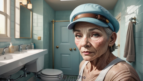 1girl,solo,looking at viewer,smile,short hair,1boy,hat,jewelry,closed mouth,grey hair,male focus,earrings,indoors,lips,grey eyes,window,scar,tank top,portrait,blue headwear,realistic,bathroom,old,white tank top,old man,sink,old woman,wrinkled skin,collarbone,upper body,white hair,thick eyebrows,nose,kitchen