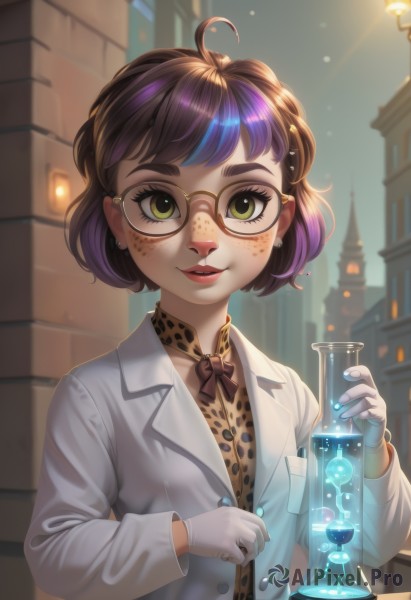 1girl,solo,looking at viewer,smile,short hair,bangs,brown hair,gloves,long sleeves,bow,holding,jewelry,green eyes,upper body,purple hair,ahoge,multicolored hair,earrings,outdoors,parted lips,glasses,artist name,white gloves,bowtie,two-tone hair,cup,lips,coat,makeup,watermark,thick eyebrows,animal print,building,drinking glass,freckles,round eyewear,labcoat,glass,brown bow,brown-framed eyewear,shirt,jacket,yellow eyes,necktie,collared shirt,eyelashes,formal,white jacket,print bow,leopard print,brown bowtie