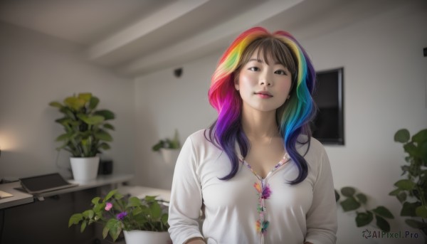 1girl,solo,long hair,breasts,looking at viewer,smile,bangs,shirt,long sleeves,cleavage,brown eyes,jewelry,medium breasts,collarbone,white shirt,upper body,purple hair,flower,multicolored hair,parted lips,indoors,necklace,blurry,black eyes,lips,streaked hair,head tilt,depth of field,blurry background,from below,plant,personification,realistic,nose,potted plant,shelf,ceiling,flower pot,rainbow hair,blonde hair,brown hair,blue hair,green hair,collared shirt,window,makeup,leaf,phone,sunlight,cellphone,smartphone,desk,sleeves rolled up,lamp,office