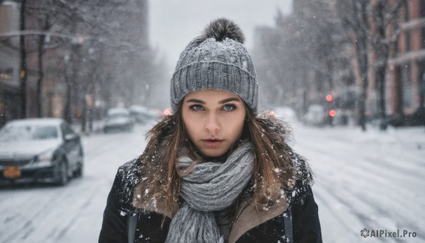 1girl,solo,long hair,looking at viewer,brown hair,hat,brown eyes,jacket,upper body,outdoors,parted lips,signature,scarf,blurry,tree,lips,coat,depth of field,blurry background,ground vehicle,motor vehicle,snow,snowing,realistic,nose,beanie,white scarf,winter clothes,car,road,winter,street,winter coat,blue eyes,day,grey eyes