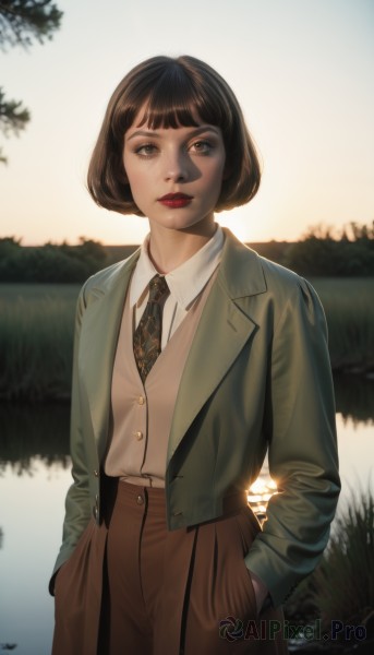 1girl,solo,looking at viewer,short hair,bangs,skirt,brown hair,shirt,black hair,long sleeves,brown eyes,closed mouth,standing,jacket,white shirt,cowboy shot,outdoors,parted lips,open clothes,necktie,day,collared shirt,pants,artist name,blunt bangs,blurry,vest,open jacket,tree,lips,makeup,buttons,blurry background,sunlight,bob cut,blazer,grass,lipstick,black necktie,backlighting,freckles,sunset,brown skirt,green jacket,realistic,nose,hands in pockets,red lips,brown pants,brown vest,lake,sky,teeth,signature,coat,formal,suit,reflection