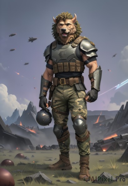 solo,looking at viewer,open mouth,blonde hair,brown hair,shirt,gloves,1boy,holding,animal ears,brown eyes,standing,full body,weapon,male focus,boots,outdoors,sky,teeth,black gloves,belt,pants,cloud,fingerless gloves,armor,military,muscular,facial hair,fangs,brown footwear,grass,fire,shoulder armor,beard,furry,pauldrons,breastplate,rock,mountain,aircraft,military vehicle,airplane,furry male,knee pads,explosion,tank,camouflage,lion ears,explosive,grenade,jet,bomb,fighter jet,helicopter,combat boots,camouflage pants,horns,holding weapon,gun,muscular male,rifle,shoulder pads,green pants