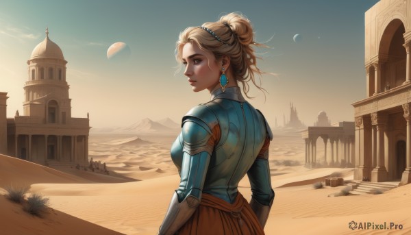 1girl,solo,breasts,short hair,skirt,blonde hair,dress,brown eyes,jewelry,medium breasts,earrings,outdoors,sky,day,looking back,hair bun,from behind,armor,lips,profile,looking away,moon,single hair bun,wind,nose,sand,looking afar,castle,desert,looking at viewer,blue eyes,upper body,parted lips,cloud,blue sky,looking to the side,shoulder armor,scenery,realistic,planet