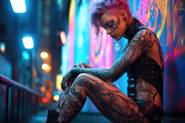 1girl,solo,short hair,bare shoulders,jewelry,sitting,closed eyes,pink hair,multicolored hair,earrings,shorts,midriff,dark skin,pink eyes,blurry,from side,dark-skinned female,lips,crop top,tattoo,profile,makeup,night,blurry background,piercing,ear piercing,eyeshadow,arm tattoo,undercut,facial tattoo,leg tattoo,cyberpunk,graffiti,neon lights,full-body tattoo,nose