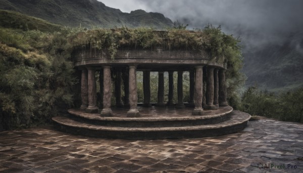 outdoors,sky,day,cloud,tree,no humans,cloudy sky,grass,nature,scenery,forest,mountain,road,bush,landscape,fog,path,pavement,water,plant,rain,ruins,bridge,pillar