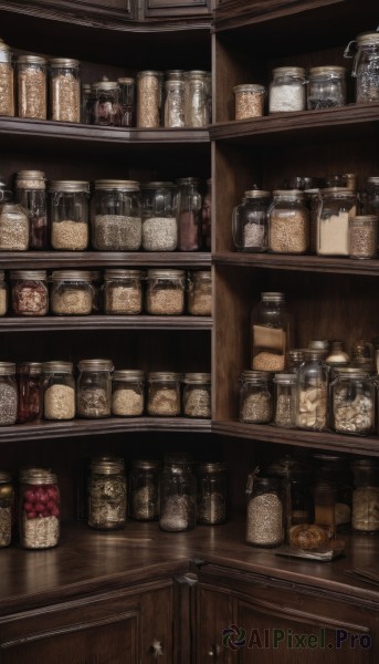 food,indoors,no humans,bottle,scenery,alcohol,realistic,shelf,food focus,jar,still life,fruit,bread,shop,counter