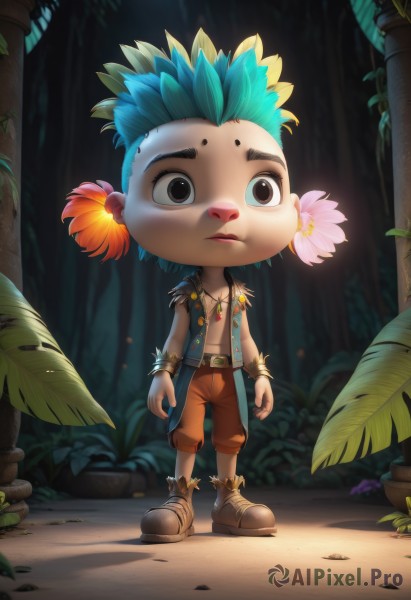 solo,looking at viewer,hair ornament,1boy,brown eyes,jewelry,blue hair,standing,full body,flower,male focus,multicolored hair,boots,outdoors,green hair,open clothes,belt,pants,artist name,hair flower,necklace,black eyes,vest,bracelet,tree,leaf,facial mark,brown footwear,plant,spiked hair,nature,pink flower,forest,male child,1girl,two-tone hair,child,open vest,mohawk