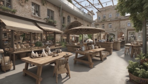 outdoors,food,sky,day,tree,cup,no humans,window,shadow,chair,table,cat,bottle,plant,building,scenery,plate,drinking glass,teacup,bowl,basket,potted plant,teapot,house,bread,stool,flower pot,barrel,cafe,multiple boys,sunlight,stairs,vase,jar,crate