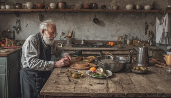 solo,shirt,long sleeves,1boy,holding,standing,white shirt,white hair,male focus,food,glasses,collared shirt,pants,indoors,apron,fruit,facial hair,scar,table,knife,beard,plate,sleeves rolled up,bowl,realistic,spoon,round eyewear,mustache,basket,holding knife,bread,old,old man,cooking,kitchen,jar,tomato,vegetable,frying pan,sink,black apron,stove,potato,cutting board,onion,tongs,grey hair,cup,bottle,steam,orange (fruit),lemon,counter,kettle