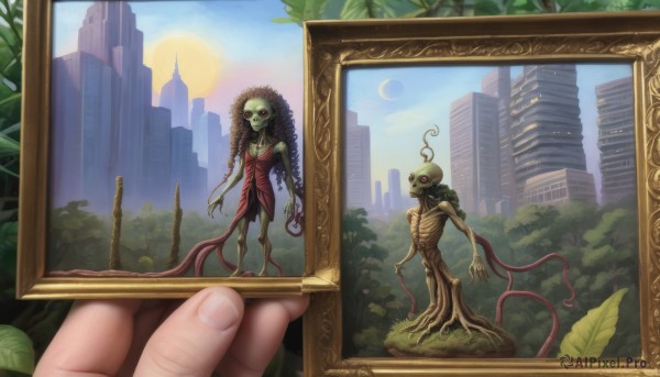 1girl,looking at viewer,red eyes,dress,holding,outdoors,sky,day,tree,fingernails,colored skin,pov,leaf,moon,plant,monster girl,building,tentacles,1other,monster,city,sun,pov hands,green skin,vines,crescent moon,skyscraper,alien,horror (theme),eldritch abomination,no humans,scenery,cityscape,ruins,skyline