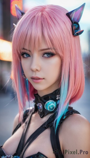 1girl,solo,breasts,looking at viewer,short hair,bangs,blue eyes,animal ears,cleavage,bare shoulders,jewelry,medium breasts,closed mouth,blue hair,upper body,pink hair,multicolored hair,artist name,cat ears,blurry,two-tone hair,lips,eyelashes,gradient hair,makeup,blurry background,watermark,web address,eyeshadow,pink lips,realistic,nose,hair ornament,earrings,parted lips,fake animal ears,portrait