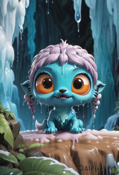 1girl,solo,looking at viewer,open mouth,brown eyes,purple hair,braid,outdoors,teeth,pointy ears,artist name,water,blurry,twin braids,wet,orange eyes,no humans,colored skin,leaf,fangs,nature,blue skin,wet hair,dripping,waterfall,cave,yordle,long hair,smile,tail,furry,furry female