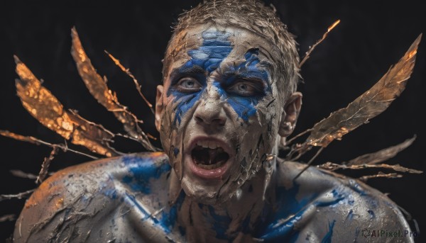 solo,looking at viewer,short hair,open mouth,simple background,1boy,male focus,wings,teeth,black eyes,grey eyes,black background,portrait,realistic,crack,bodypaint,paint,paint splatter on face,upper body,tongue,tongue out,blood on face