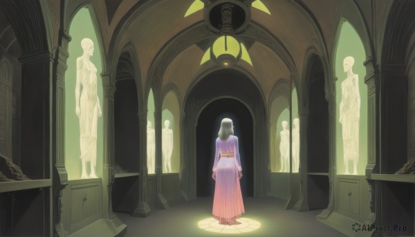 1girl,solo,long hair,multiple girls,black hair,long sleeves,dress,standing,indoors,from behind,arms at sides,light,pillar,statue,column,barefoot,pink dress,scenery,wide shot,stained glass,church