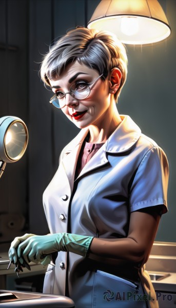 1girl,solo,breasts,smile,short hair,shirt,black hair,gloves,brown eyes,jewelry,upper body,short sleeves,grey hair,earrings,glasses,indoors,dark skin,dark-skinned female,lips,blood,makeup,buttons,thick eyebrows,lipstick,desk,realistic,nose,round eyewear,labcoat,blue gloves,red lips,stud earrings,lamp,nosebleed,very short hair,latex gloves,doctor,looking at viewer,green gloves