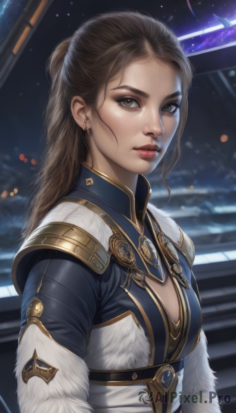 1girl,solo,long hair,breasts,looking at viewer,brown hair,cleavage,brown eyes,jewelry,medium breasts,upper body,earrings,armor,lips,makeup,cleavage cutout,star (sky),half updo,freckles,realistic,nose,closed mouth,ponytail,small breasts,artist name,signature,blurry,fur trim,blurry background,forehead